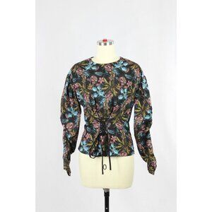 NWT TOPSHOP Black Floral 100% Cotton Poplin Lace-Up Puff Sleeve Blouse, Size 6